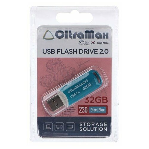 Флешка OltraMax 230, 32 Гб, USB2.0, чт до 15 Мб/с, зап до 8 Мб/с, синяя