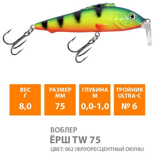 фото Воблер для рыбалки плавающий aqua ерш tw 75mm 8g заглубление от 0.1 до 1m цвет 062