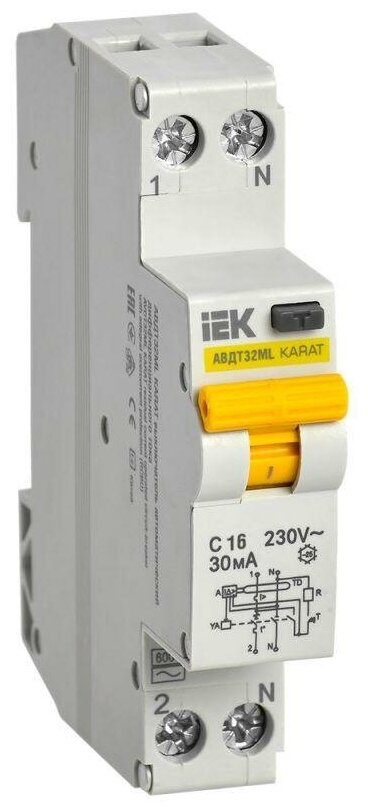 Выключатель автоматический дифференциального тока С 16А 30мА АВДТ32МL KARAT IEK MVD12-1-016-C-030 (2шт. в упак.)