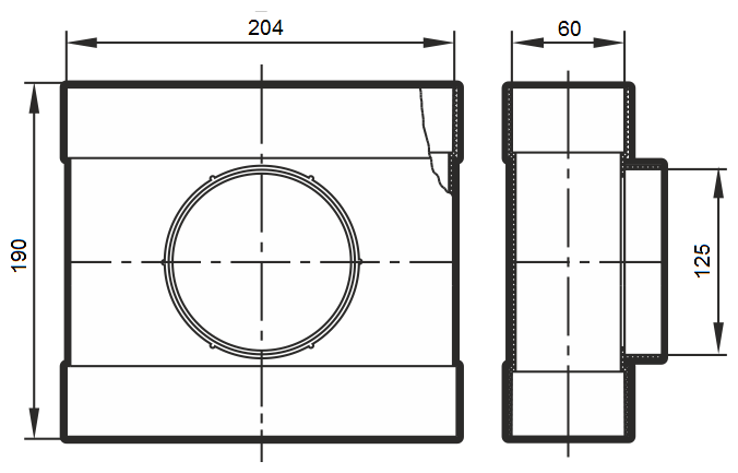Соединитель Т-обр, прямоуг. воздуховодов 60х204 с фланцевым воздухораспределителем D125 620ТФ12,5П - фотография № 2