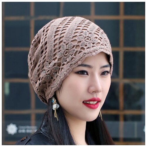 фото Шапка бини wasabi trend демисезонная, вязаная, размер 56-59, бежевый