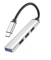 HUB адаптер Hoco HB26 4 in1, Type-C to USB3.0 + USB2.0*3, металлический корпус,13 см кабель, Серебристый
