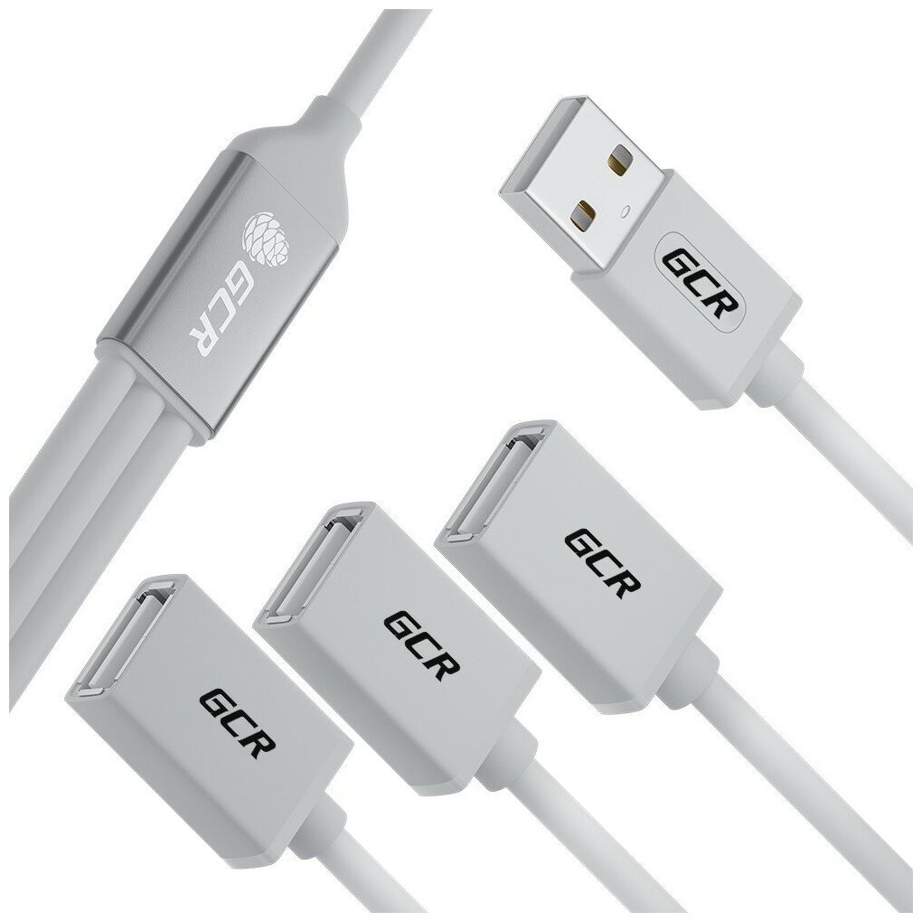 GCR USB Hub на 3 порта, 0.35m, гибкий, AM / 3 х AF, белый