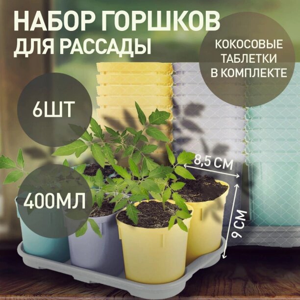Набор горшков для рассады 6 шт по 400 мл с поддоном и кокосовым субстратом