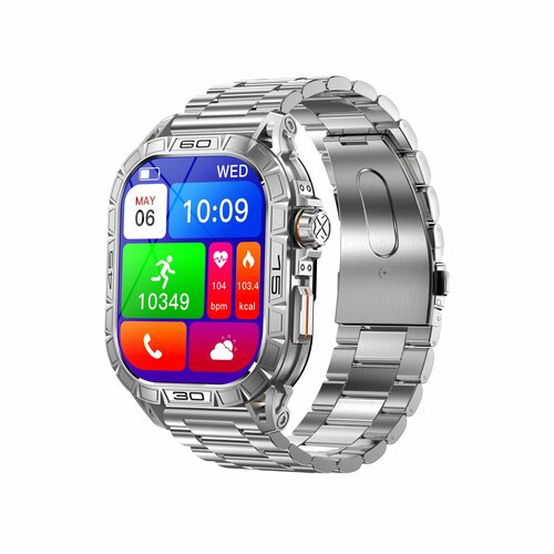 Смарт часы мужские спортивные Tiroki K63 голосовой ассистент BT звонок Always on Display компас мониторингом пульса давления шагомером счетчиком калорий погода Смарт часы мужские брутальные с BT звонком корпус серебро ремешок серебро металл 480000₽