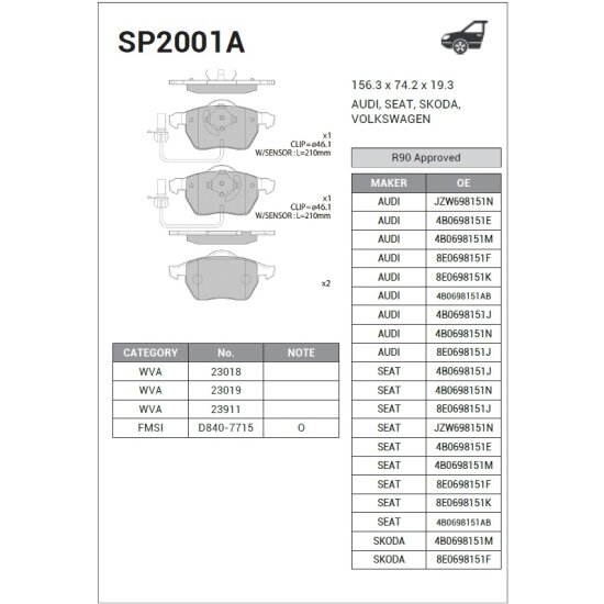 Колодки тормозные передние Sangsin Brake для VAG A4(B5)/Superb/Passat B5 95-05, 4 шт