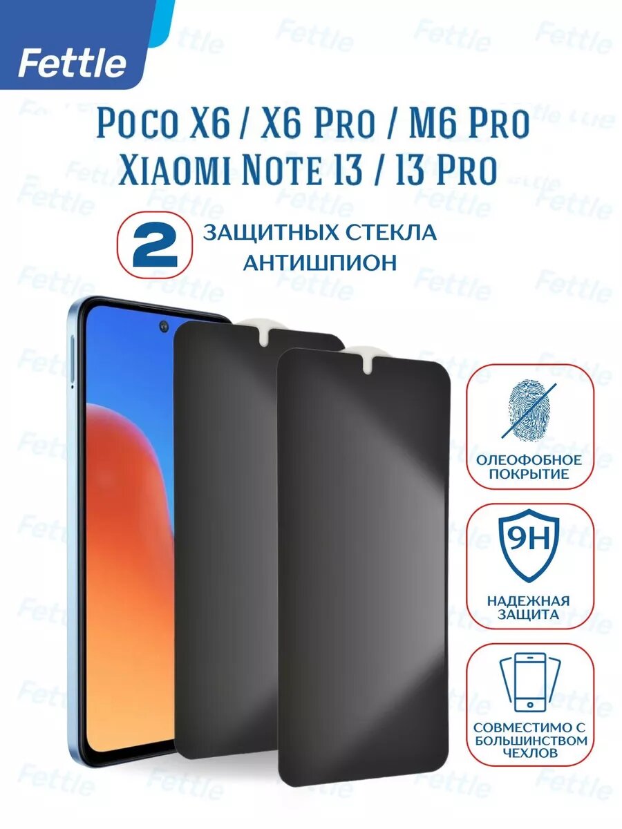 Комплект - 2 защитных стекла Антишпион для Xiaomi Redmi Note 13 / Note 13 Pro / Poco X6 / Poco X6 Pro / M6 Pro (2 штуки).