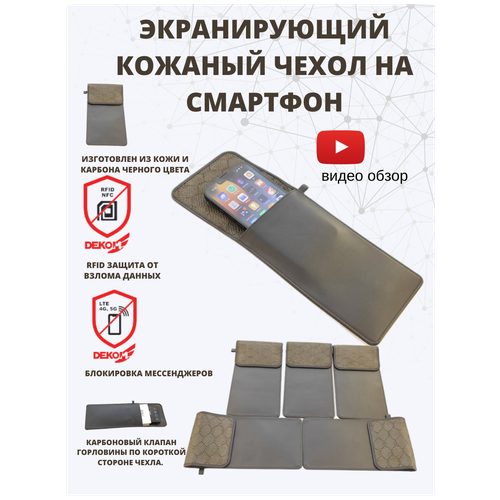 Экранирующий кожаный чехол на смартфон. Комбо. Блокировка мессэнджеров. Карбоновый клапан по короткой стороне чехла. Кожа #Antimess-Carbon-blk