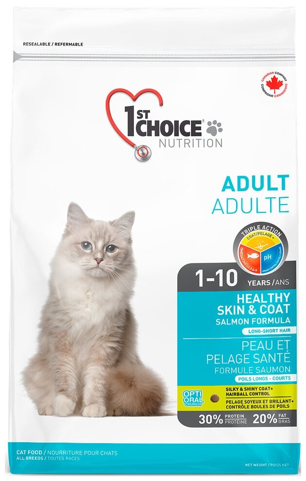 Корм 1st Choice Healthy Skin & Coat для кошек, для кожи и шерсти, с лососем, 907 г