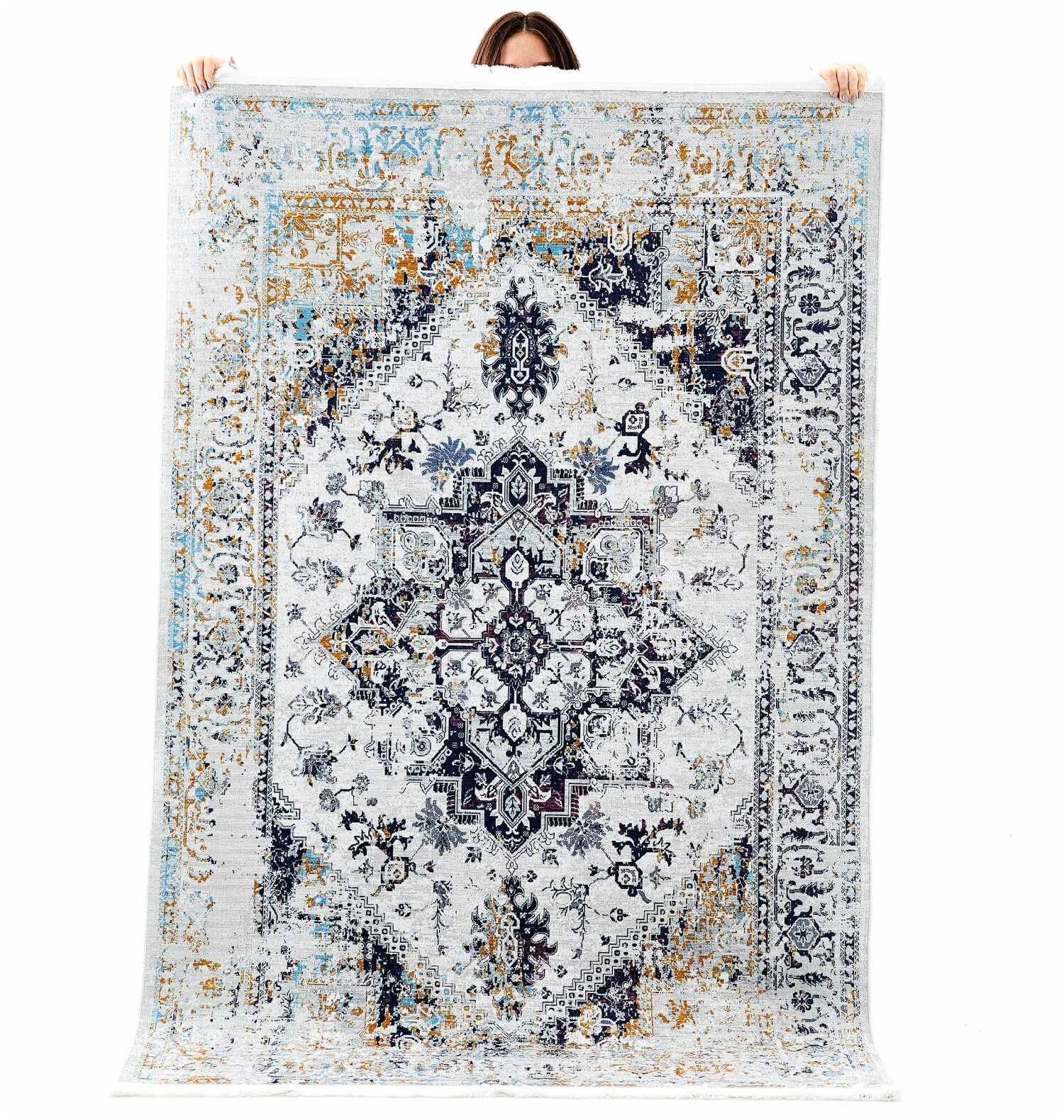 фото Ковер на пол в гостиную, зал 120x180 см, 70% хлопок 30 % полиэстер Kasmir Hali, темно-синий, бежевый