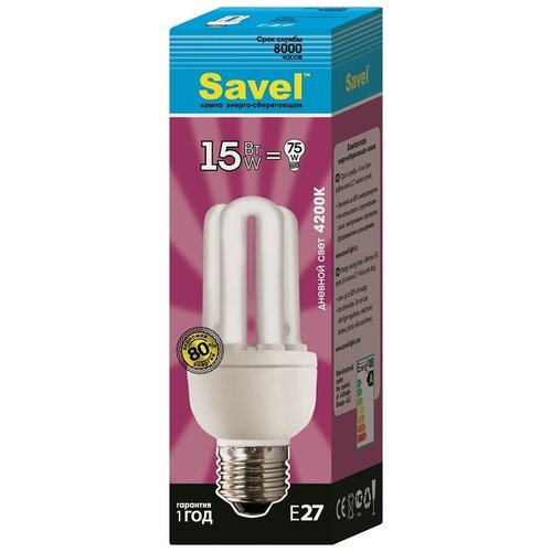 Лампочка Savel 3U/8-T3-15/4200/E27, Дневной белый свет, 15Вт, E27, Люминесцентная (энергосберегающая), 1 шт.
