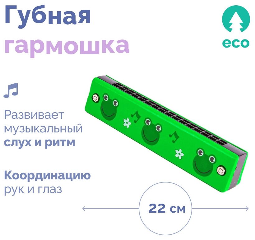 Губная гармошка детская зеленая Лягушка, детский музыкальный инструмент