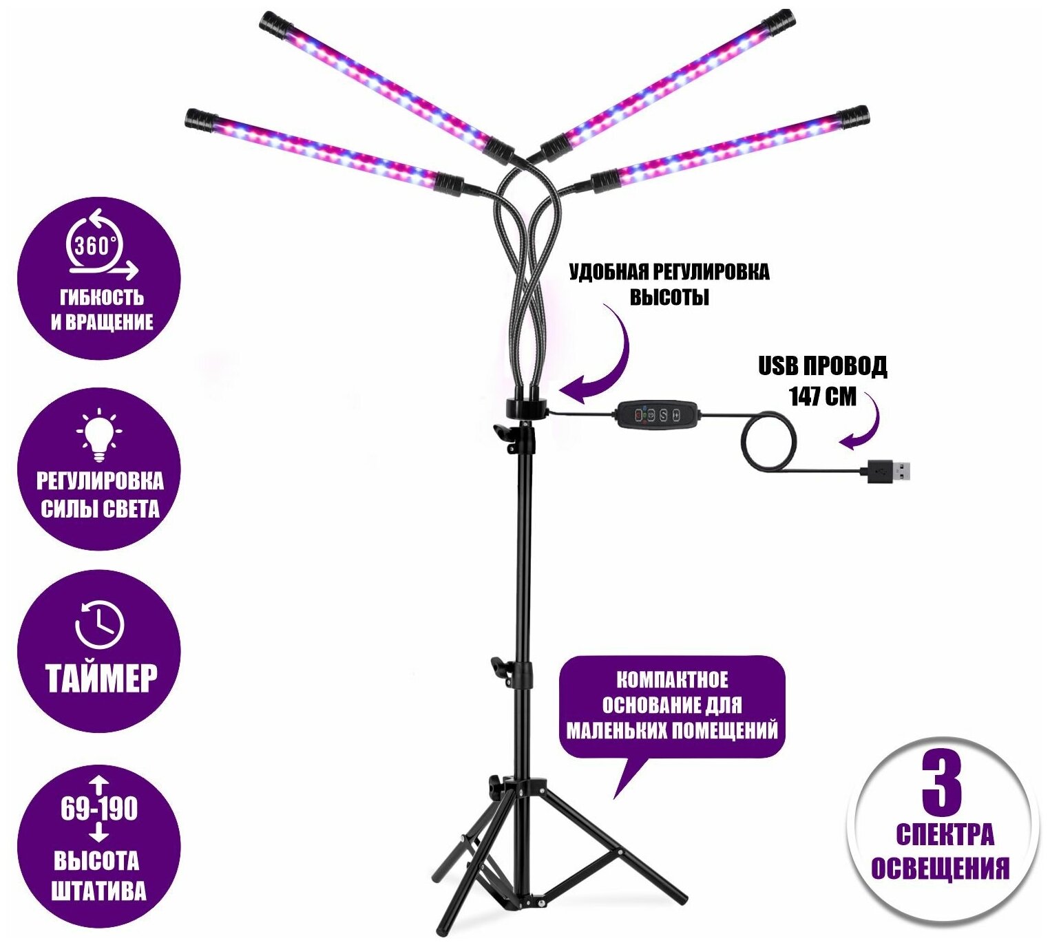 Фитолампа светодиодная, светильник для растений на штативе FL-JBH-P с пультом на проводе, 4 панели - фотография № 1