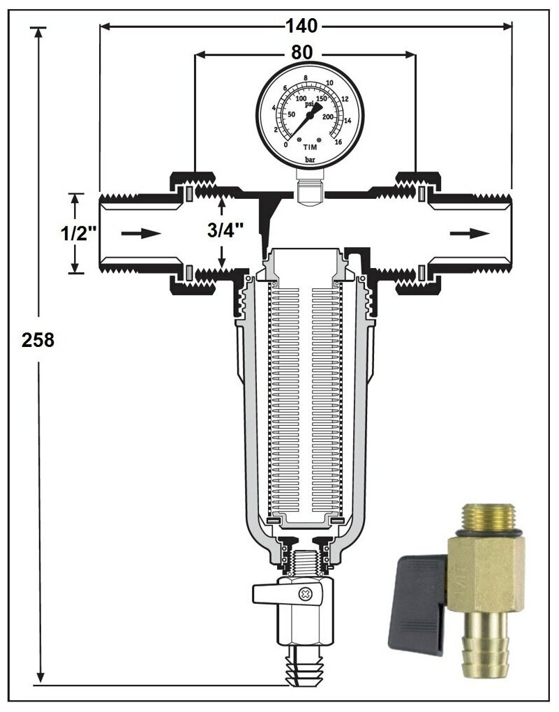 Фильтр механической очистки Tim JH-1001 муфтовый (НР/НР), латунь, со сливом, с манометром золотистый Ду 15 (1/2")