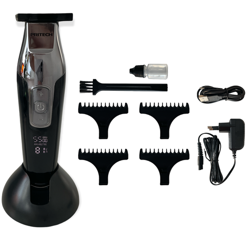Профессиональная машинка для стрижки волос Pritech PR-2212, Триммер для бороды и усов с LCD дисплеем, 4 насадки, хром