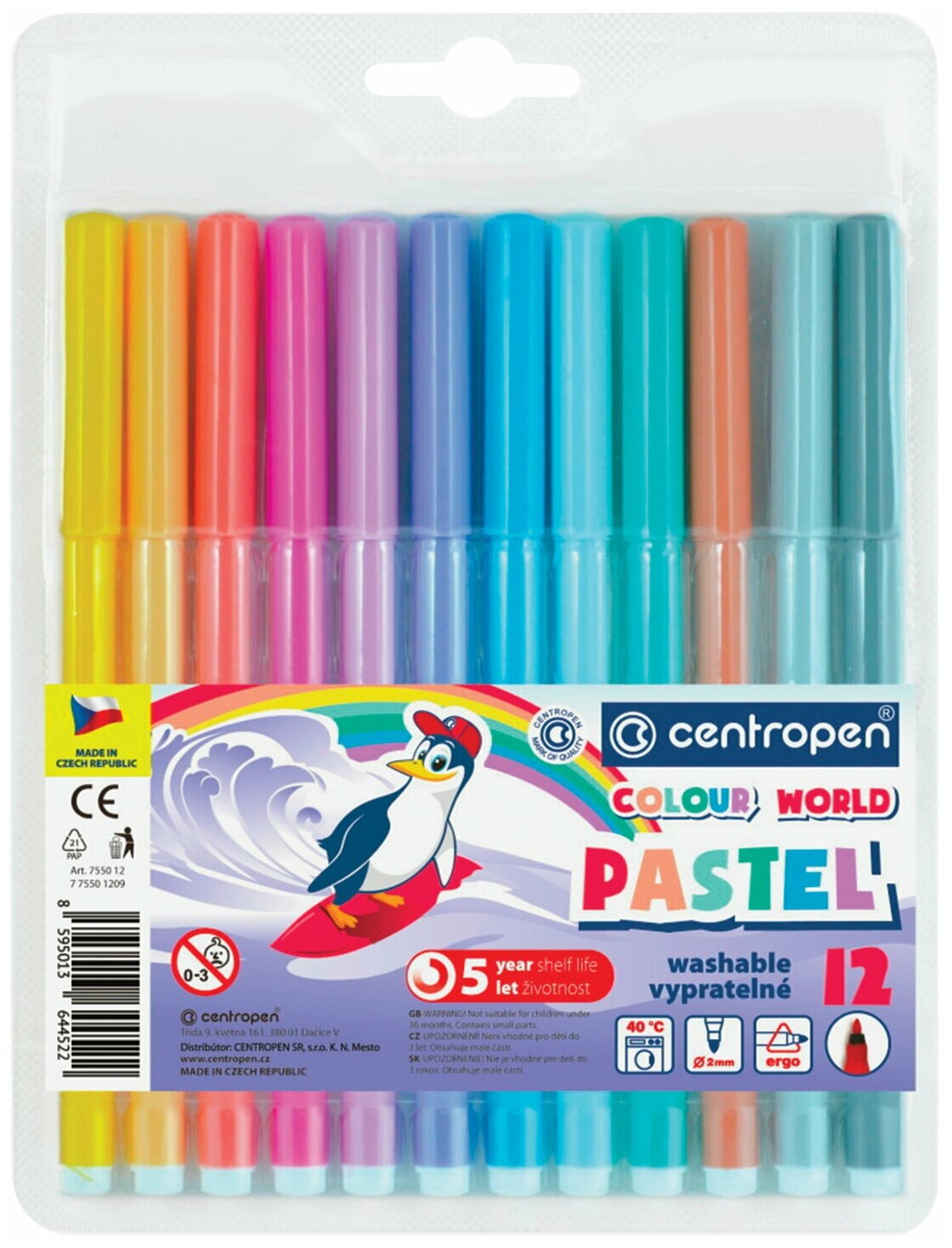 Фломастеры пастельные 12 цветов CENTROPEN "Colour World Pastel", смываемые, 7550/12TP, ш/к 44737