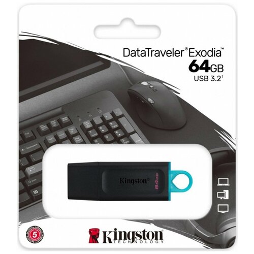 Флеш-накопитель 64Gb Kingston DataTravele Exodia, USB 3.2, пластик, чёрный, голубая вставка