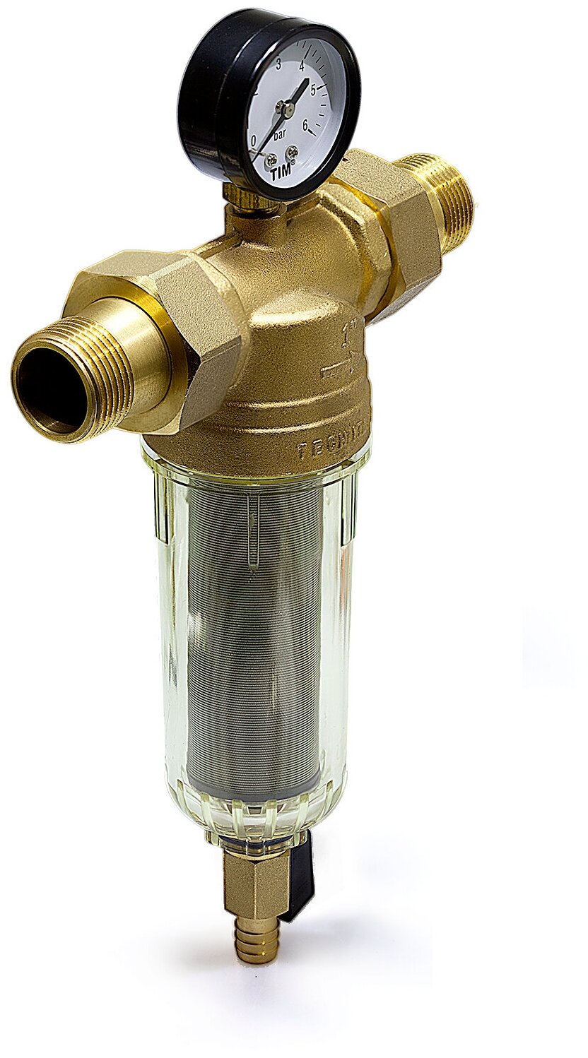 Фильтр механической очистки Tim JH-3002 муфтовый (НР/НР), латунь, со сливом, с манометром золотистый Ду 25 (1")