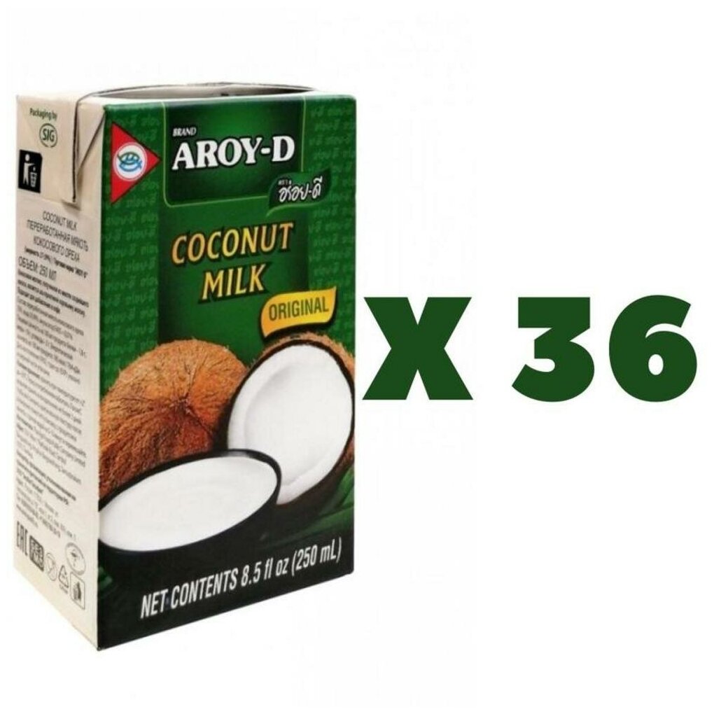 Кокосовое молоко AROY-D 250мл*36шт растительные жиры 17-19% тетрапак - фотография № 1