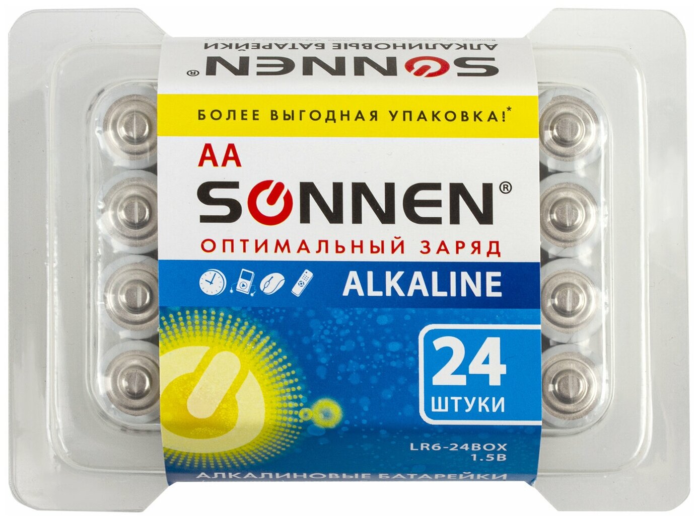 Батарейки Sonnen 24 шт, Alkaline, ААLR6, 15А, алкалиновые, пальчиковые, короб (455095)