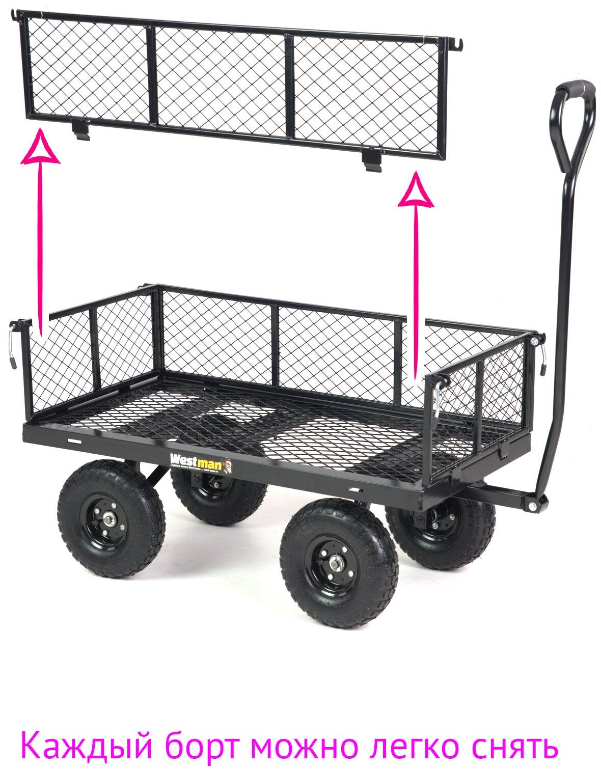 Тележка садовая на 4 колесах Westman 350, железная с откидными бортами - фотография № 5