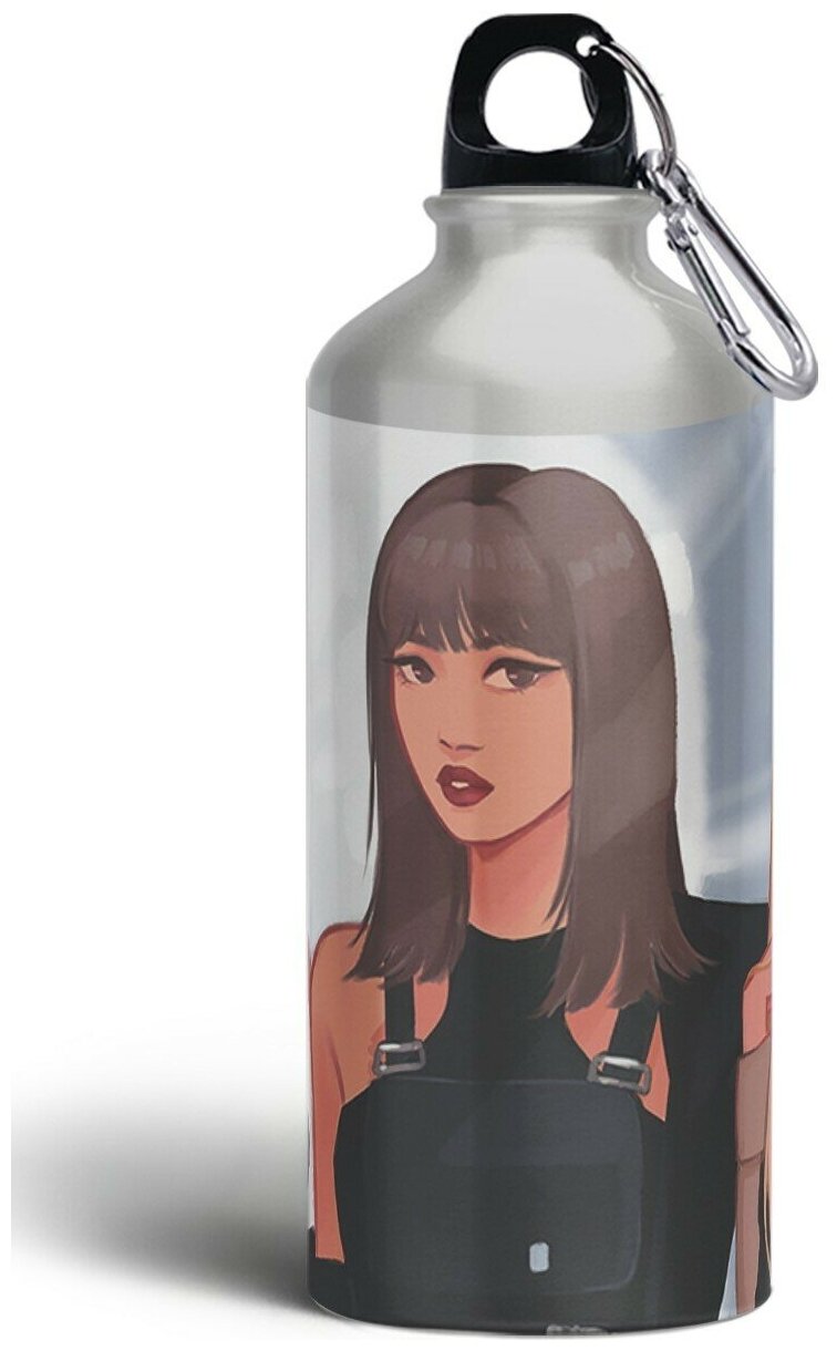 Бутылка спортивная,туристическая фляга, 500мл с карабином BLACKPINK(блэкпинк,Джису, Дженни, Лиса, Розэ,K-pop, EDM) - 1149