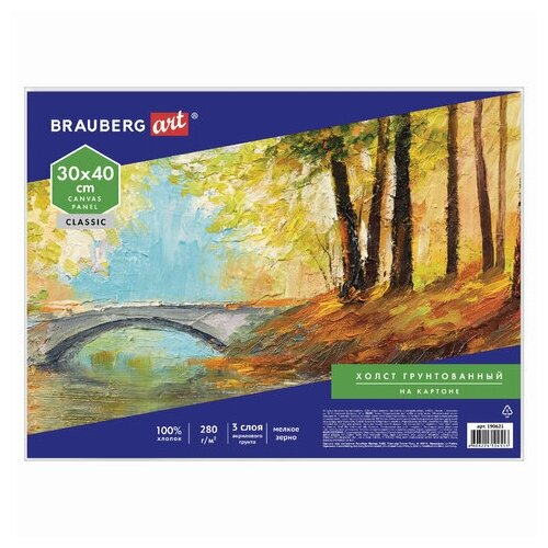 Холст на картоне BRAUBERG ART CLASSIC 30*40см грунтованный 100% хлопок мелкое зерно, 6 шт