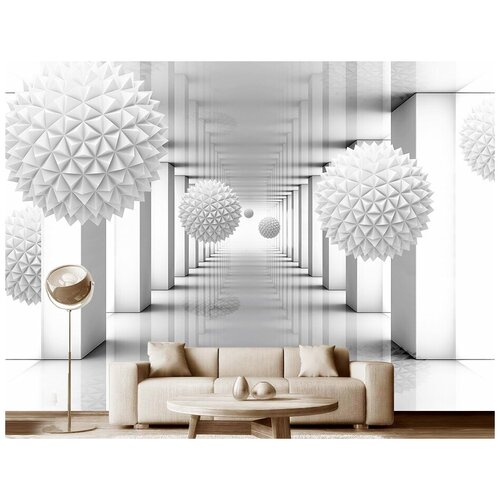 Фотообои на стену флизелиновые 3D Модный Дом Белые игольчатые шары в зале с колоннами 350x250 см (ШxВ)