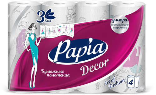 Полотенца бумажные Papia Decor Fashion Capitals трехслойные 4 рул. 90 лист., белый, без запаха 12.5 х 22.7 см