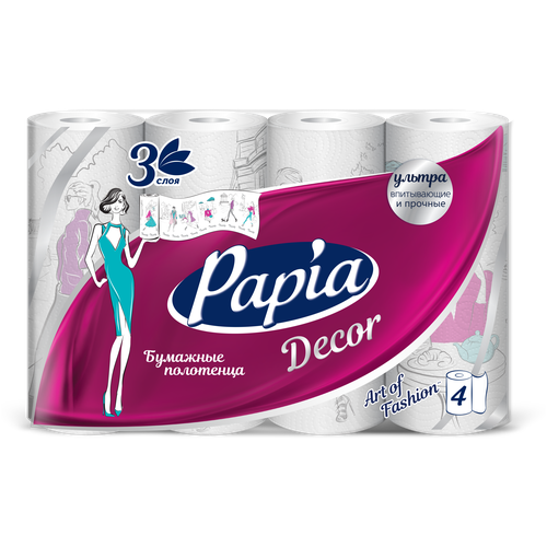 бумажные полотенца papia pure Полотенца бумажные Papia Decor Fashion Capitals трехслойные 4 рул. 90 лист., белый, без запаха 12.5 х 22.7 см