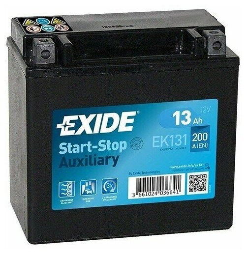 Аккумулятор EXIDE Start-Stop Auxiliary 12V 13 A/h 200A B0 150x90x145mm Полярность +/- EK131