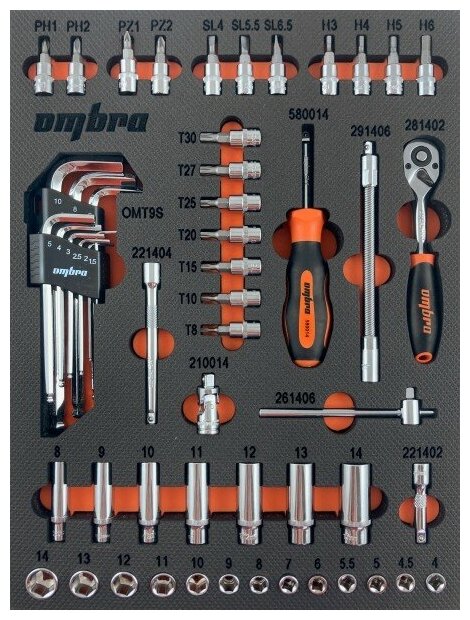 Ombra OMT54STE Набор головок торцевых 1/4" DR с аксессуарами в EVA ложементе 280х375 мм, 54 предмета