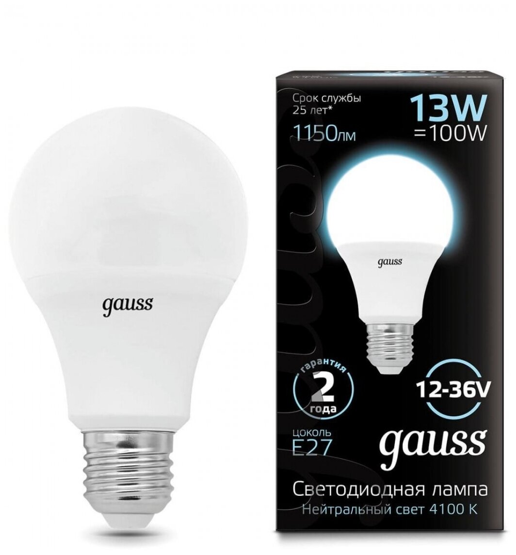 Светодиодная лампа GAUSS A60 AC12-36V 13W 1150lm 4100K E27 LED 1/10/100