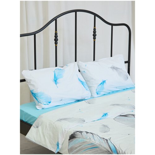 Комплект 2-х спального постельное белья ткань Ранфорс,100% хлопок,принт Большие перья цвет ментол