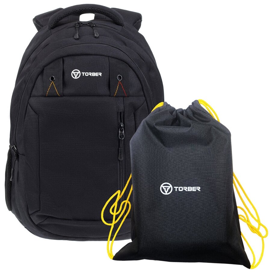 Школьный рюкзак TORBER CLASS X, черный, 45 x 32 x 16 см, 17 л + Мешок для сменной обуви в подарок! T5220-22-BLK-M