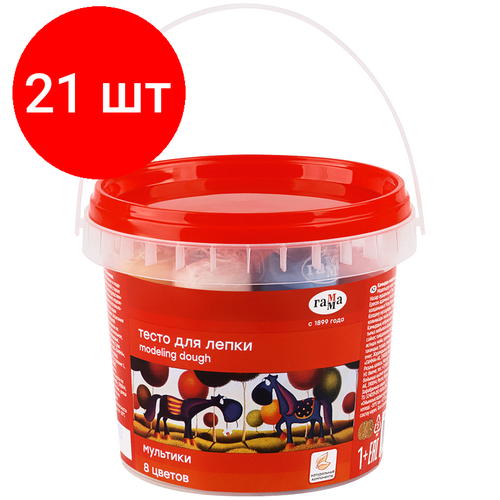 Комплект 21 шт, Тесто для лепки Гамма Мультики, 08 цветов*25г, пластиковая банка с ручкой