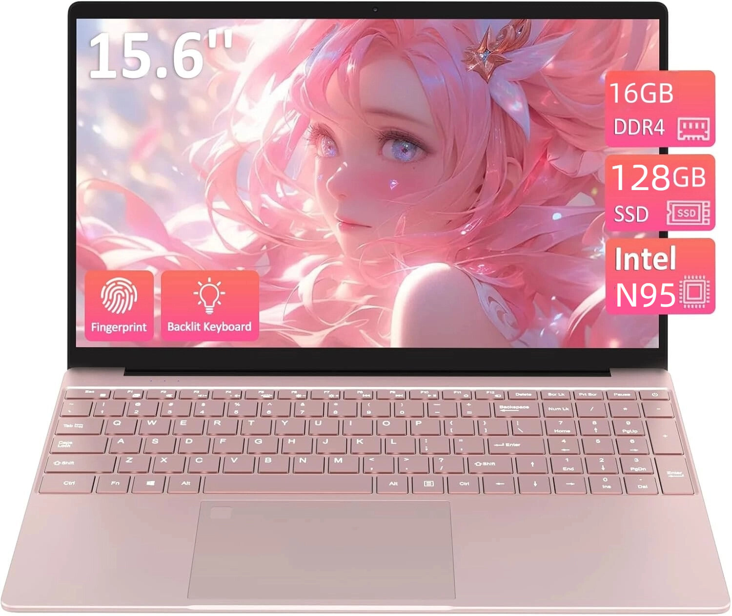 15.6" Ноутбук для работы и учебы, Notebook, RAM 16 ГБ, SSD 128 ГБ, IPS Full HD , Intel N95, русская раскладка Розовый