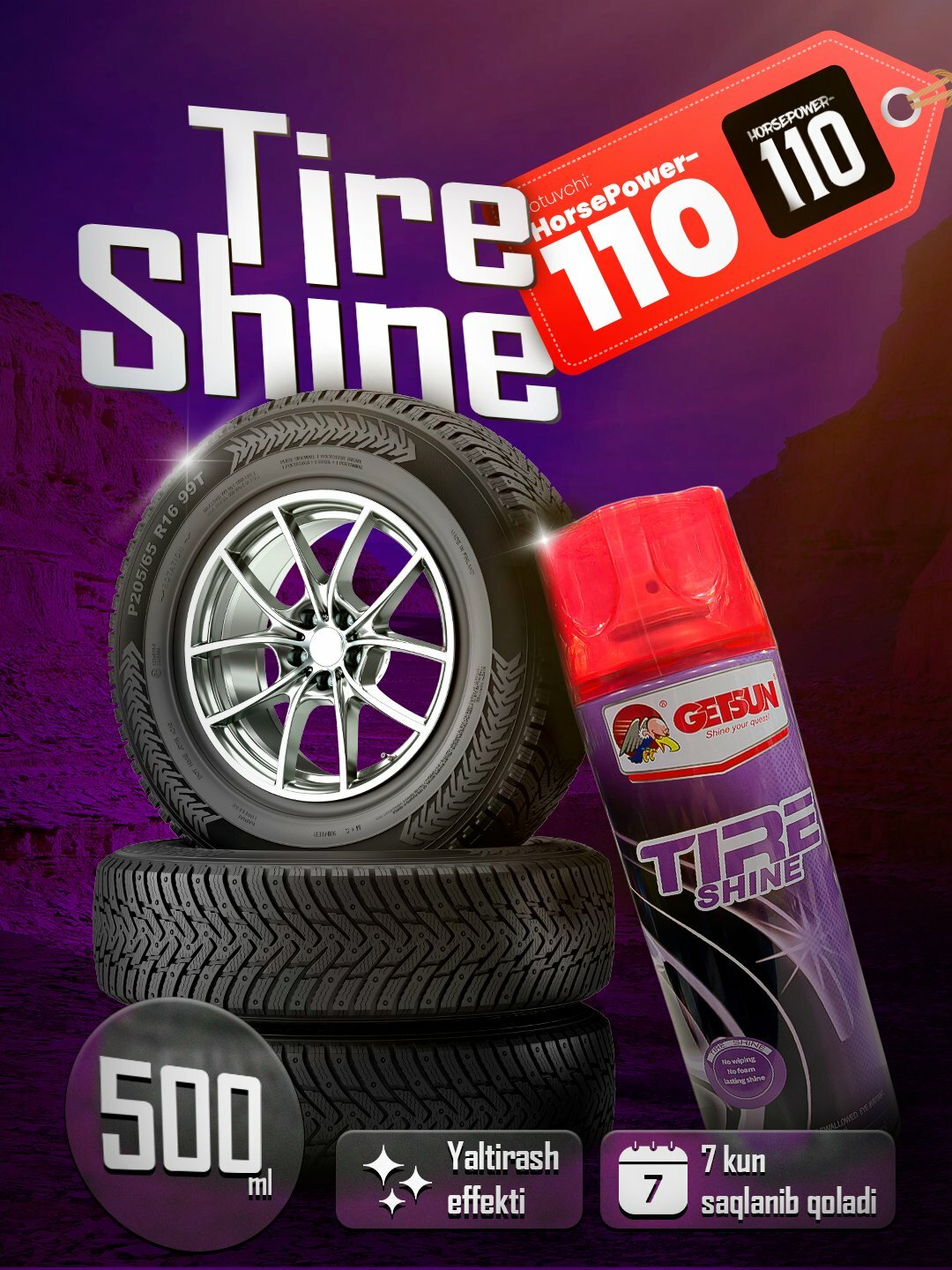 Чернитель резины Getsun Tire, для шин, блеск, полимерный, 500мл