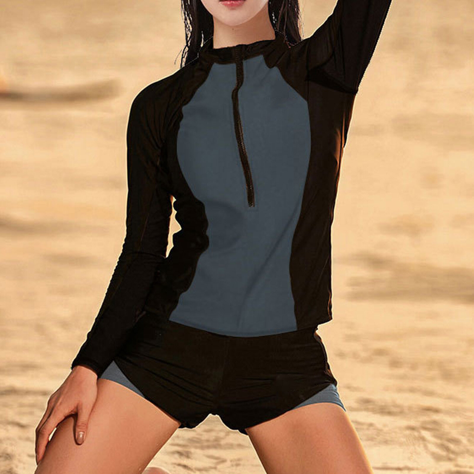 Женский купальник с длинным рукавом, модный, солнцезащитный, с круглым вырезом, быстросохнущий, из двух частей, спортивный купальный костюм для женщин 3802 XL