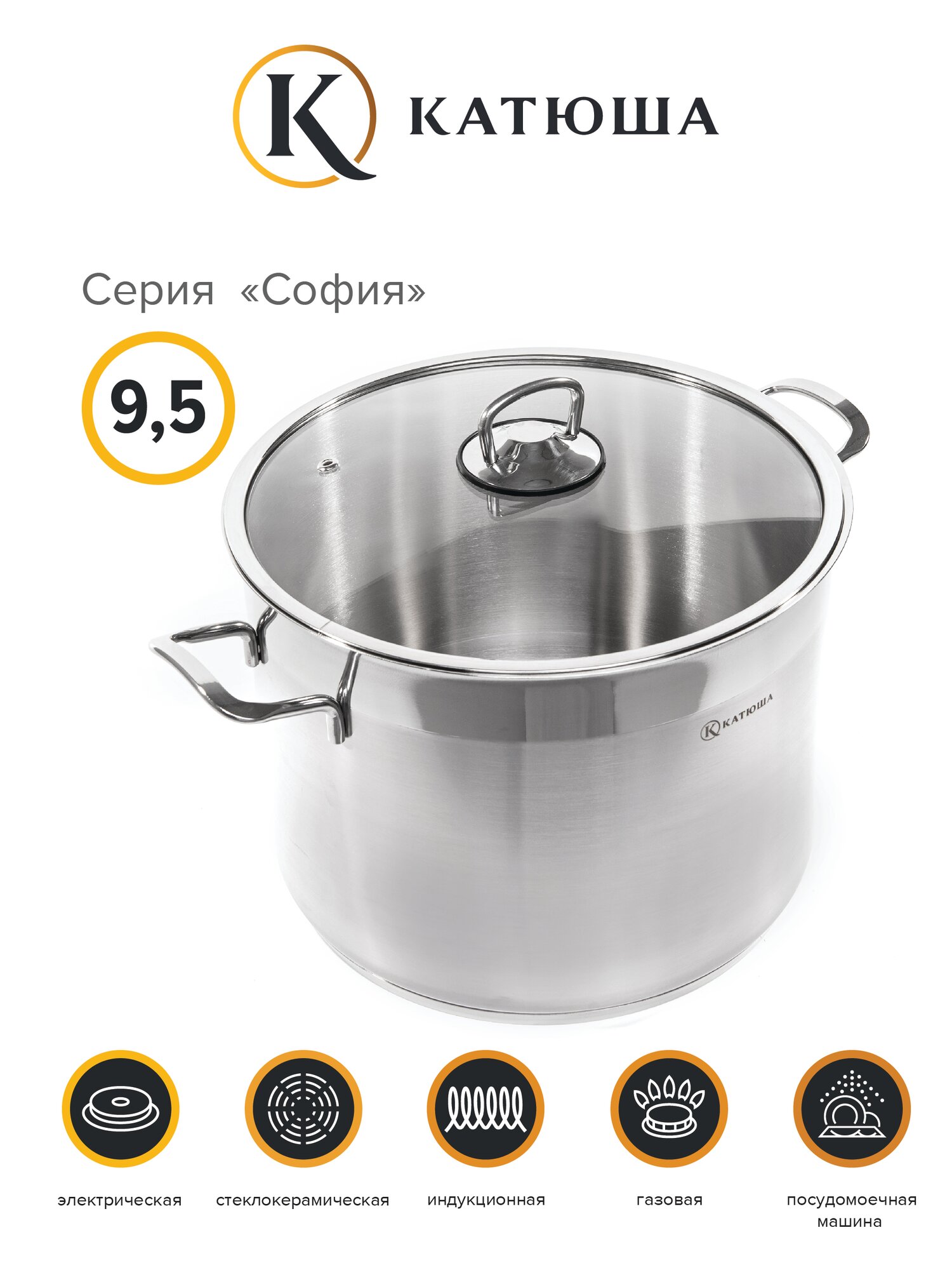 Кастрюля с крышкой, нержавеющая сталь, 26х20 см, 9.5 л, София, катюша