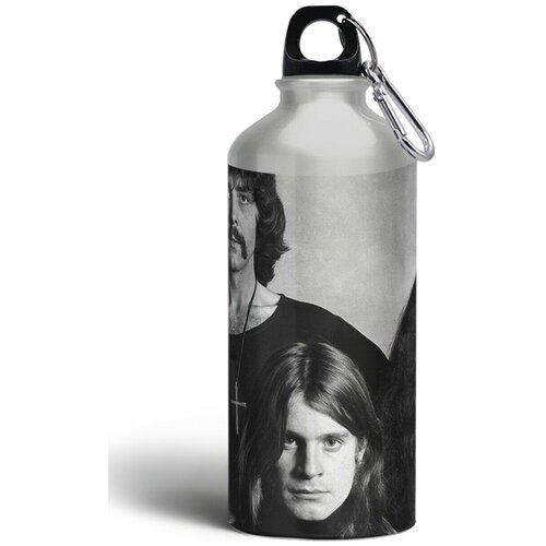 Бутылка спортивная, туристическая фляга, 500мл с карабином Black Sabbath (Оззи Осборн, Ронни Джеймс Дио, Тони) - 1249