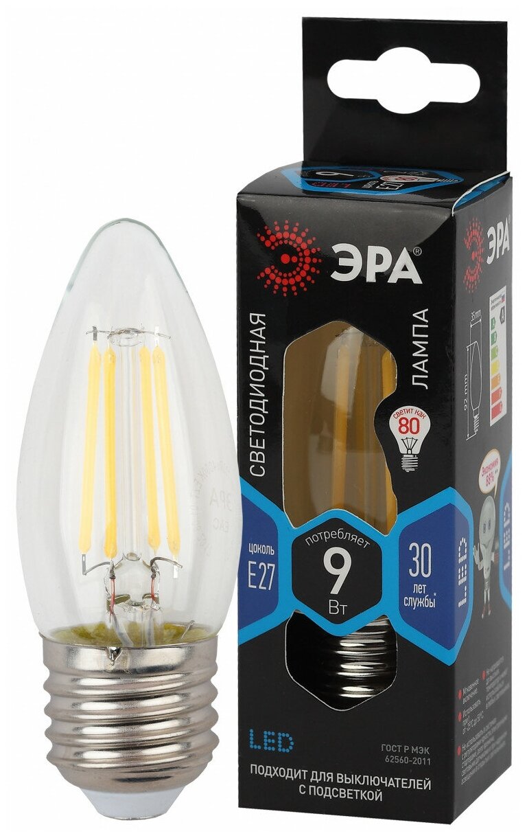 ЭРА F-LED B35-9w-840-E27 ЭРА (филамент, свеча, 9Вт, нейтр, E27) (10/100/5000)