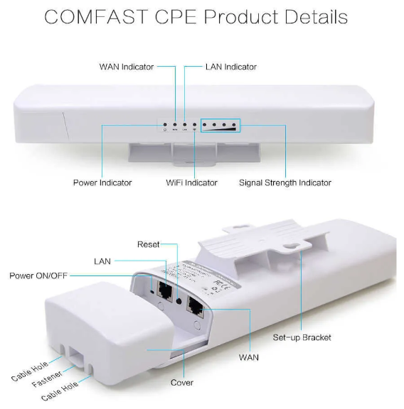 Wi-Fi (Вай Фай) точка доступа уличной установки, 2.4ГГц, WiFi мост от 3км, "Проходное" PoE, CF-E314N V2, COMFAST