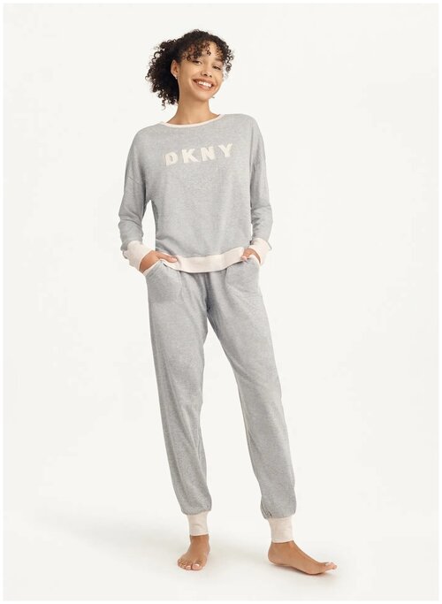 Пижама DKNY, свитшот, брюки, лонгслив, длинный рукав, карманы, пояс на резинке, трикотажная, размер XL, серый