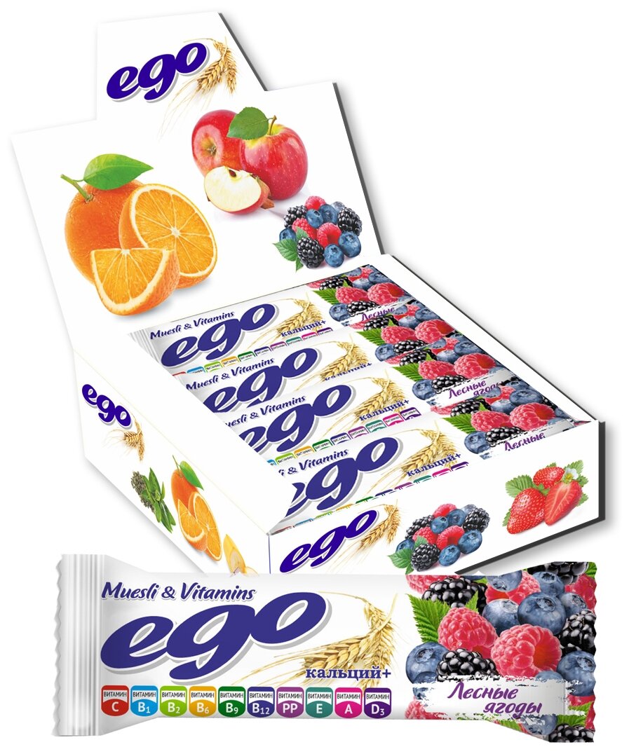 Батончик мюсли БАД Ego "Лесные ягоды с кальцием и витаминами в йогуртовой глазури" 25 г., 30 шт.