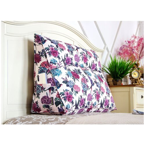 Клиновидная анатомическая подушка-изголовье PillowPlace для спины на кровать для чтения и отдыха флора 80х25х50