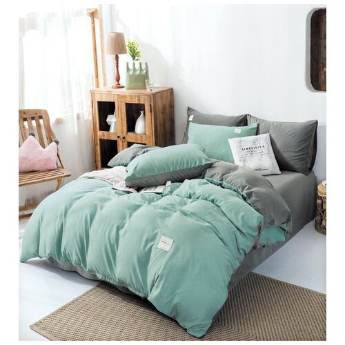 Комплект постельного белья Winni Зелено-серый Семейный, Жатка, наволочки 50х70, 70x70