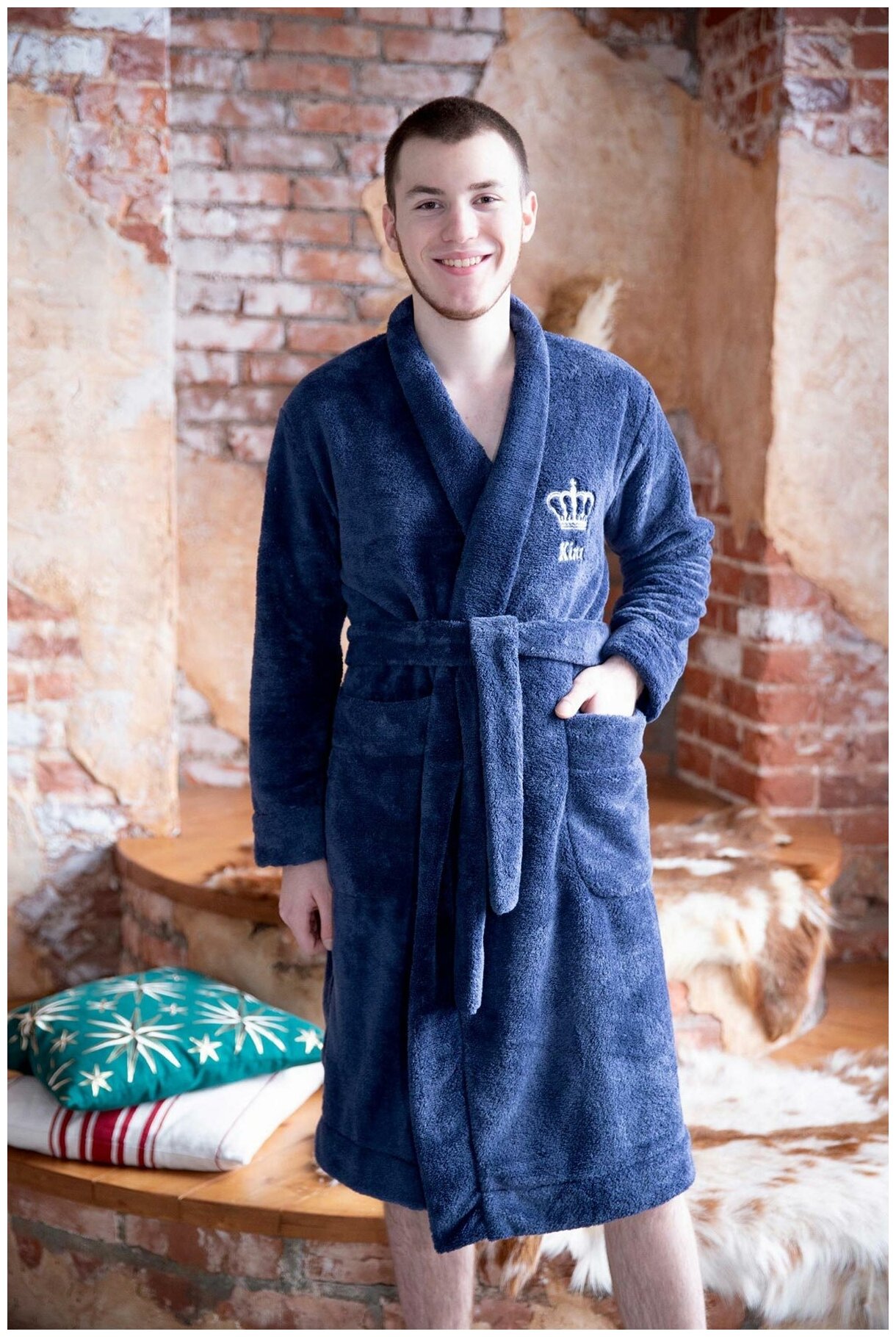 Мужской халат на запах с поясом King Синий размер 56 Велсофт Лика Дресс отложной воротник с карманами - фотография № 2