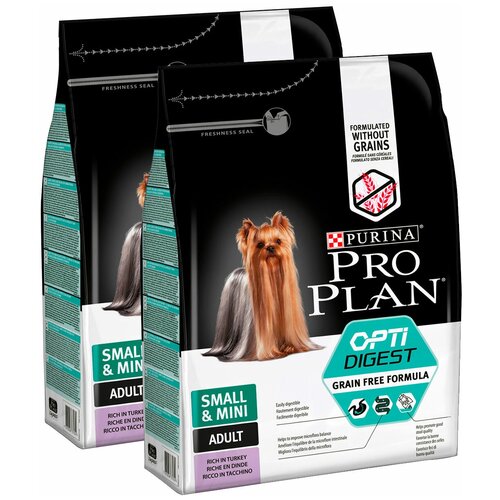PRO PLAN ADULT DOG OPTIDIGEST GRAIN-FREE SMALL&MINI беззерновой для взрослых собак маленьких пород с чувствительным пищеварением с индейкой 2,5+2,5 кг