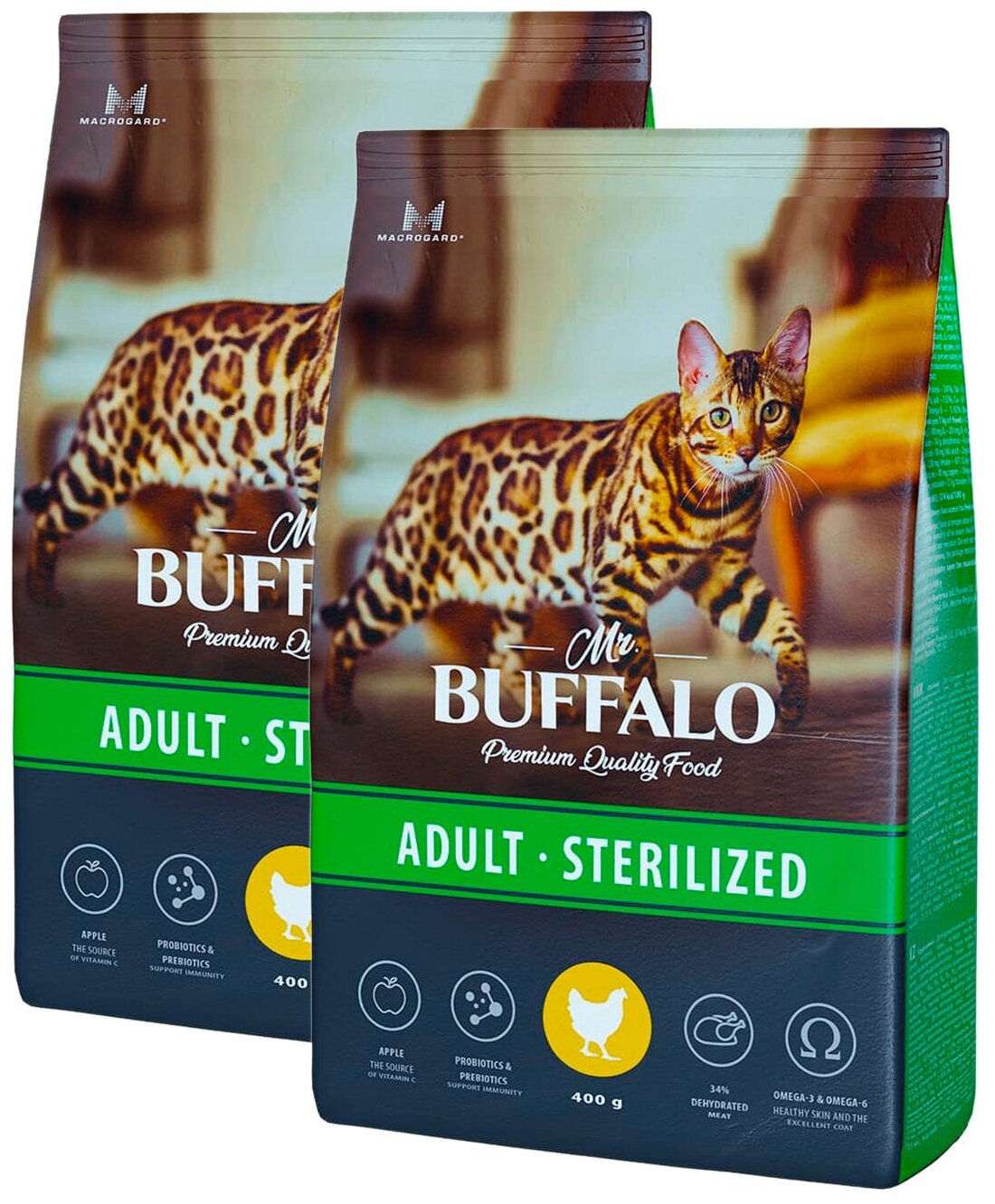 MR.BUFFALO ADULT STERILIZED для взрослых кастрированных котов и стерилизованных кошек с курицей (0,4 + 0,4 кг)